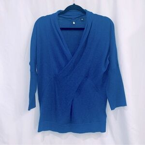 Knitted and Knotted Teal Blue Wool Blend Faux Wrap Sweater Deep V Sz L